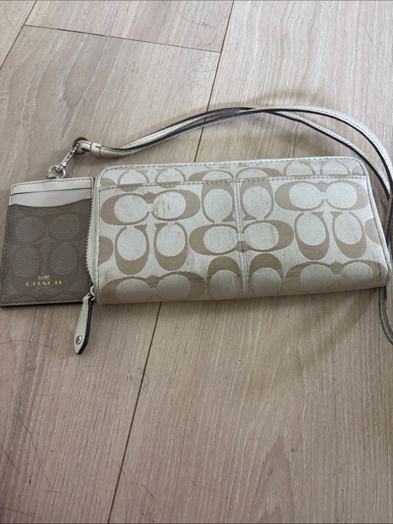 Coach Handbags - Coach Neutral Beige Signature Canvas Wristlet with Card Holder